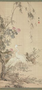 Egrets, Peonies, and Willows by Yamamoto Baiitsu