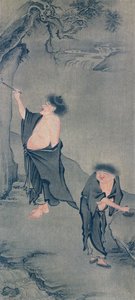 Two Chinese hermits, Han Shan writing on a rock and Shih Te preparing his ink, after a kakemono of Yan Hui and published in the magazine 