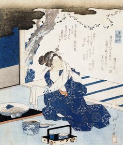 Courtesan wearing yukata, wall panel decorated with poem