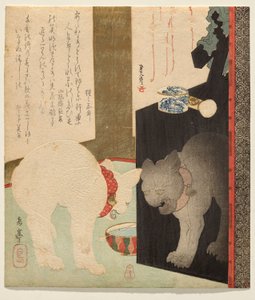 White Cat Reflected in a Lacquer Dresser by Yashima Gakutei