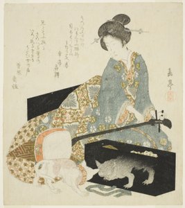 Woman with Shamisen and Cat
