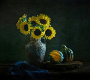 Moody Sunflowers and Gourds by Yinan F.