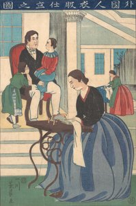 Foreign Family with Wife Making Clothes, 1860 by Yoshikazu
