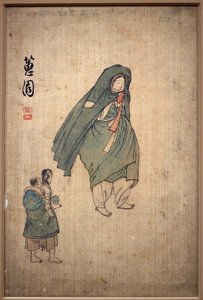 Woman wrapped in her coat, passing by two children