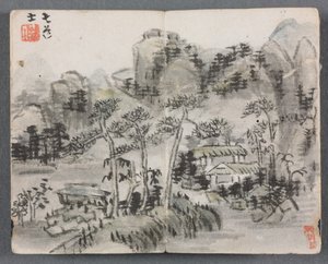 Miniature Album with Figures and Landscape: Landscape with Two Buildings, 1822 by Zeng Yangdong