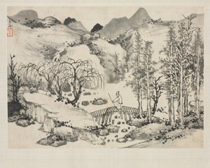 Landscape Album in Various Styles: Landscape with Artist on a Bridge by Zha Shibiao