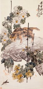 Cat, Bird and Chrysanthemums by Zhen Wang