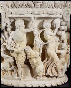 Carved column capital depicting Pan teasing a rearing goat with a bunch of grapes and a maenad beating time with a tambourine, Italian, from Rome, c.180-220 (detail)