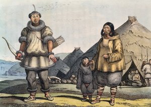 Chukchi family in front of hut, Bering Strait, Russia, by Louis Choris