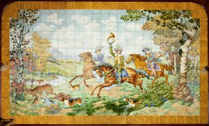 Interior View, Tile Panel, Painter Furcy Ernest Tondeur, Executor Boch Frères La Louvière, First Panel, Hunting Scene with Three Horsemen by . .