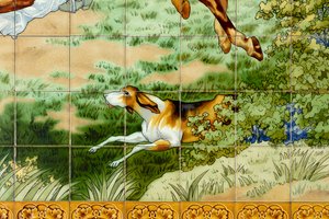Interior View, Tile Panel, Painter Furcy Ernest Tondeur, Executor Boch Frères La Louvière, First Panel, Hunting Scene with Three Horsemen (Detail)