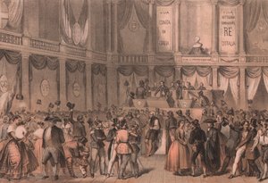 Plebiscite for annexation to Italy, hall of University of Naples, Campania, Italian Risorgimento, lithograph by Carlo Perrin from drawing by Carlo Bossoli