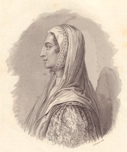 Portrait of Italian noblewoman Beatrice Lascaris di Tenda (1372-1418), copper engraving by G Fusinati from portrait published by Antonio Campo