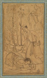 A Holy Man Prostrating Himself Before a Learned Prince, c. 1585 (border added probably 1700s) by   Manohar