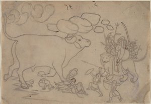 Durga Confronts the Buffalo Demon Mahisha: Scene from the Devi Mahatmya by a first generation master after Nainsukh