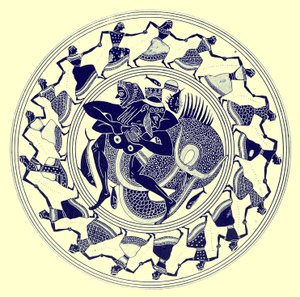 Herakles Wrestling with Triton, illustration from Greek Vase Paintings by J. E. Harrison and D. S. MacColl, published 1894 by after English School