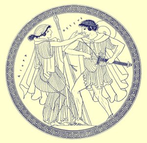 Theseus and Aethra, illustration from Greek Vase Paintings by J. E. Harrison and D. S. MacColl, published 1894 by after English School