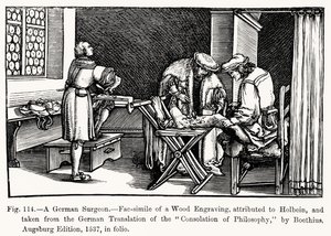 A German Surgeon, from Consolation of Philosophy by Boethius, illustration from Science and Literature in the Middle Ages and Renaissance, written and engraved by Paul Lacroix, 1878 by after German School