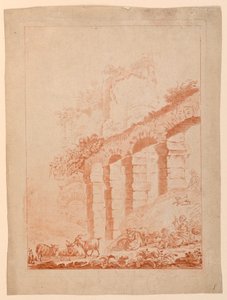 Goatherds in Landscape with Ruins by after Jean Baptiste Huet
