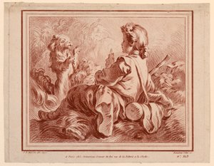 Seated Shepherd Playing with a Dog by after Jean Baptiste Huet