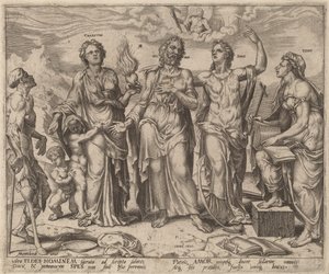 Man Assisted by Faith, Hope and Charity by after Maerten van Heemskerck