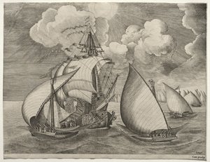 Sailing Vessels: A Fleet of Galleys Escorted by a Caravel by after Pieter Bruegel