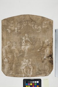 Madonna and Child with Sts Peter, Bernard (or Bruno), James, Augustine and four angels, Madonna del Baldacchino