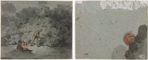 Faggot Gatherer (recto) Study of a Head seen from Below (verso) by attributed to Francisque Millet
