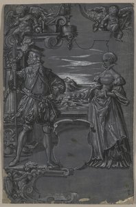 Design for Glass Painting: Man and Woman in Architectural Setting by attributed to Tobias Stimmer