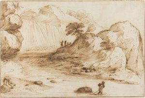 Landscape with a Waterfall by called Guercino Giovanni Francesco Barbieri