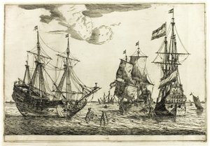 Three Moored Sailing Vessels, from Thirteen Naval Scenes by called Zeeman Reinier Nooms
