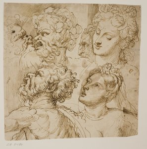 Studies for the Heads of Three Satyrs, an Old Man and Two Women by dall