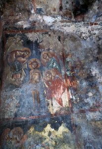 Christ and angels, fresco in Byzantine church of Agios Constantinos and Agia Eleni, Voukolies, Crete, Greece