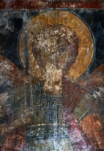 Figure of saint, fresco in Byzantine church of Agios Constantinos and Agia Eleni, Voukolies, Crete, Greece