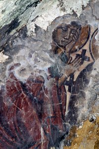 Figure of saint with crosses, fresco in Byzantine church in Prodromi, Crete, Greece by Theodore Charles Ange Coquelin
