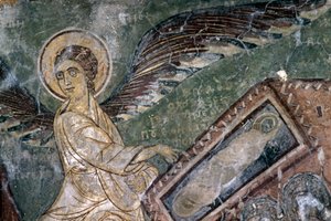 Frescoes with angel in Church of Metamorphosis tou Sotiros, Kefali, Crete, Greece