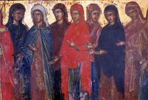 Pious women, wood panel in Byzantine church of Palea Roumata, Crete, Greece