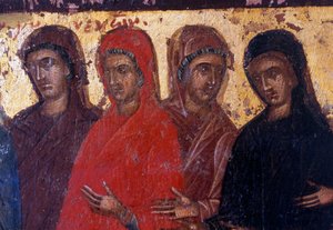 Pious women, wood panel in Byzantine church of Palea Roumata, Crete, Greece