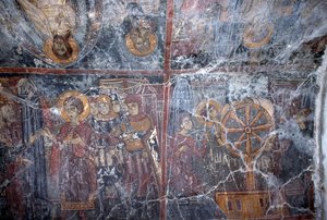Religious-themed fresco, by Ioannis Pagomenos, fresco in Byzantine church of St George, Anidri, Crete, Greece