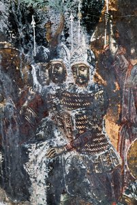Soldier, damaged fresco on ceiling of church of Agios Vasileios, Vavouledo, Crete, Greece by Theodore Charles Ange Coquelin