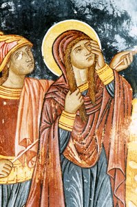 St Longinus and Mary, Crucifixion scene, fresco in Mikro Sotiris monastery, Symi island, Greece