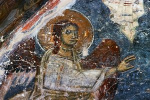 Angel, fresco in the Byzantine church of Agios Georgios Sfakiotis, Diavaide, Crete, Greece