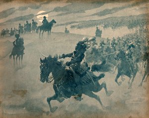 Allegory of Joachim Murat passing with his cavalry before Napoleon I Bonaparte. Engraving by Jacques Marie Gaston Onfray de Breville by pseudonym for Onfray de Breville Jacques Job