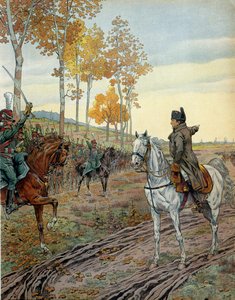 Emperor Napoleon I Bonaparte harangued the second regiment of horseback hunters in 1806 during the campaign of Prussia before the Battle of Jena on 14 October 1806. In 