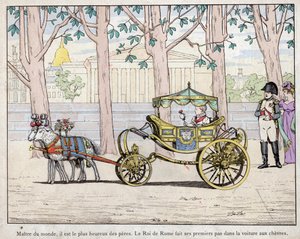 Emperor Napoleon I Bonaparte (1769-1821) with his son Prince Napoleon Francois Charles Joseph Bonaparte, who became the king of Rome Napoleon II also later called the Aiglon - Napoleon watching the King of Italy (Napoleon II) taking his first steps in a ca by pseudonym for Onfray de Breville Jacques Job