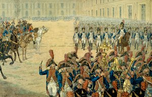 First review of the consular guard in the courtyard of the Tuileries by Napoleon I Bonaparte (1769-1821) by pseudonym for Onfray de Breville Jacques Job