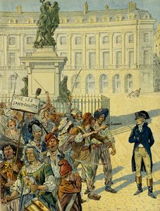 French Revolution 1789: Napoleon I Bonaparte threatened by the crowd on 10 August 1792 near the Statue of Louis XIV before it was overthrown, Place des Victoires in Paris. Illustration by pseudonym for Onfray de Breville Jacques Job