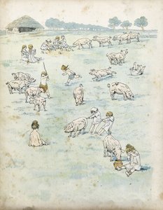 Gallic children playing with pigs in a field. in 