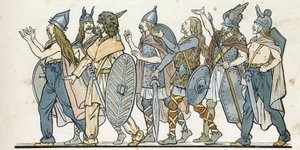Gallic warriors with their helmets, swords and shields. in 