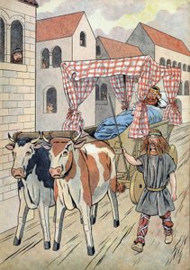 History of France. Scene depicting lazy kings in toys: King of France Thierry III (673-691) carried in a tank with a bed pulled by oxen. In Joujoux a l